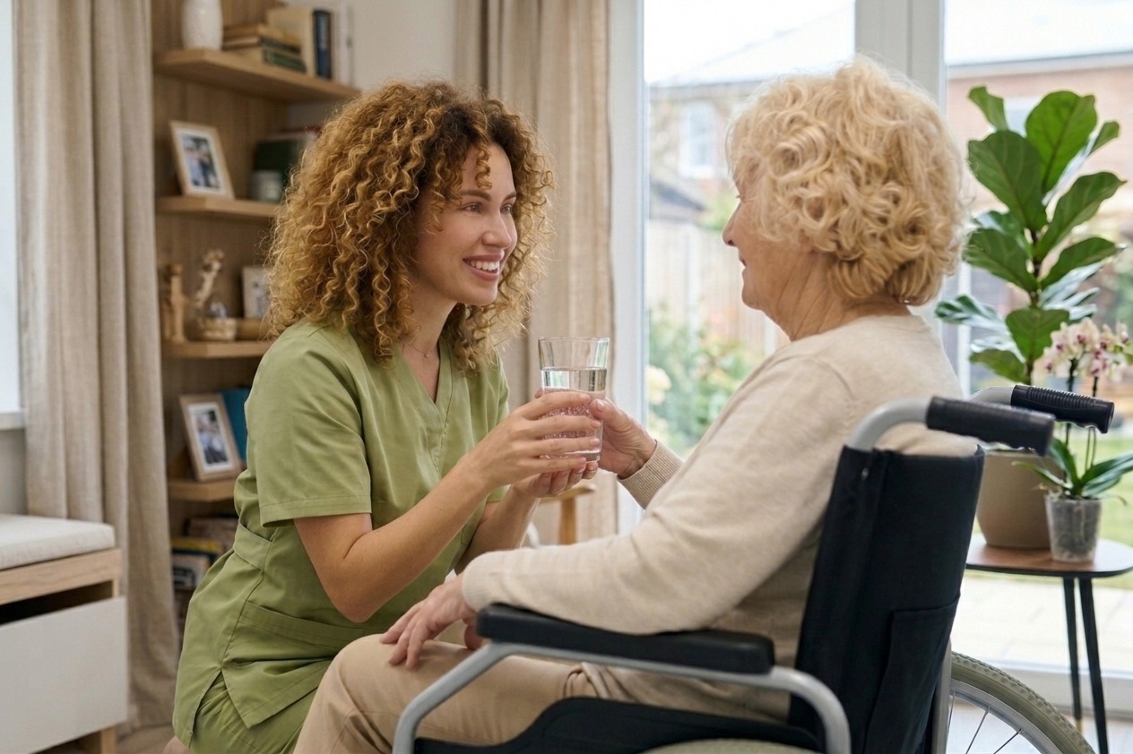 Opiekunka uśmiechająca się do seniorki podając jej wodę